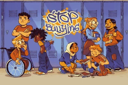 Ilustración con la señal de stop y el lema contra el acoso escolar