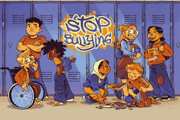 Ilustración con la señal de stop y el lema contra el acoso escolar